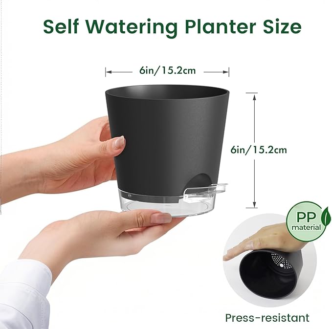 Meowell 6 inch Self Watering Pots for Indoor Outdoor Plants, 6 Pack Flower Plant Pots with Drainage Holes and Clear Reservoirs, Visible Water Level, Plastic Planters with Wicking Rope, Black