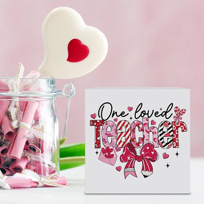 Teacher Valentine Decor Gift, Vintage Valentines Day Gifts for Teachers, Teacher Appreciation Gifts, Birthday Retirement Thank You Gift, Coquette Bow Pencil Wooden Box Sign for Office Desk Decor