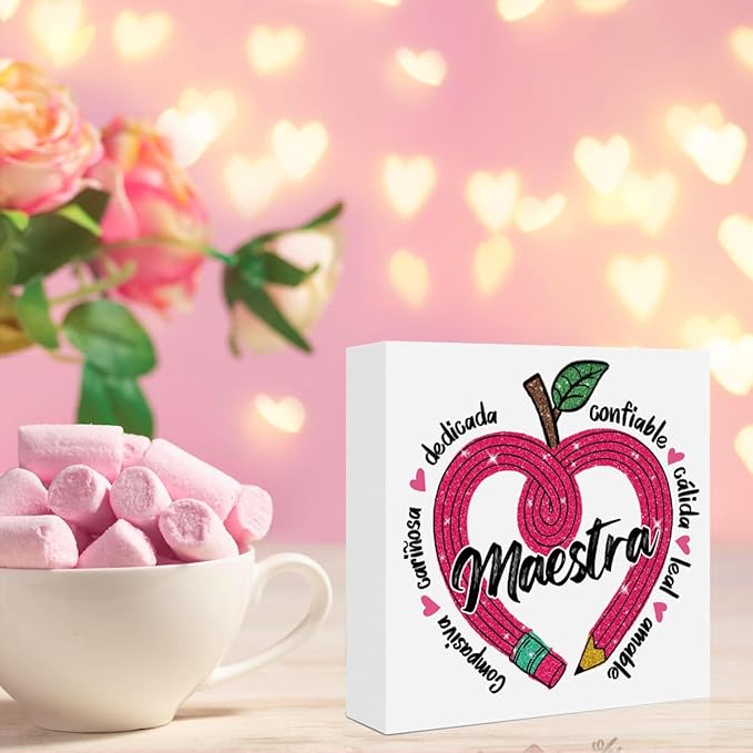 Teacher Valentine Decor Gift, Spanish Teacher Appreciation Gifts, Vintage Valentines Day Gifts for Teachers, Graduation Birthday Gift, Heart Pencil Wooden Box Sign for Office Desk Decor
