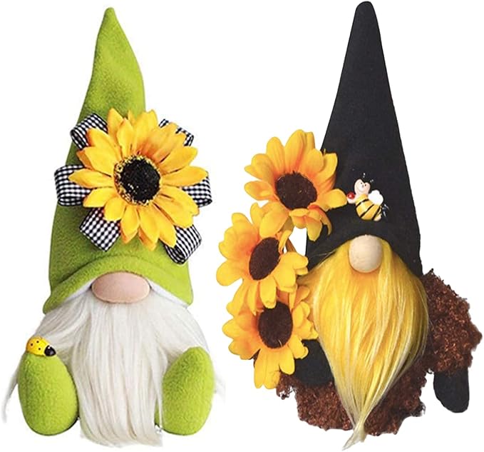 Gnome Plush Decorations for Home, Spring Summer Sunflower Gnome Decor, Handmade Faceless Plush Doll, Easter Gnomes Ornaments for Home Office Festival Decor (Black+Green)