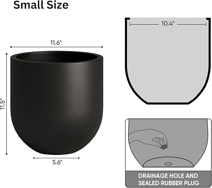 DTY Signature Mount Antero Modern Indoor Outdoor Fiberstone Bullet Shaped Planter, Durable Round Garden Pot, Weather Resistant, Drainage Hole & Rubber Plug - Small, Black