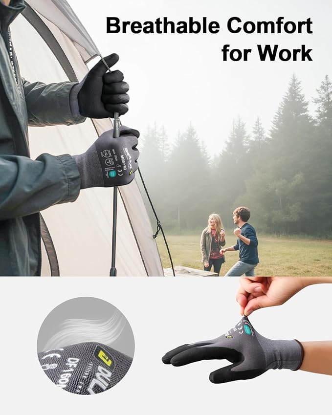 DULFINE Safety Work Gloves MicroFoam Nitrile Coated-3 Pairs Pack,Seamless Knit Nylon Glove with Black Micro-Foam Nitrile Grip,Ideal for General Purpose,Automotive,Home Improvement,Painting(Large)