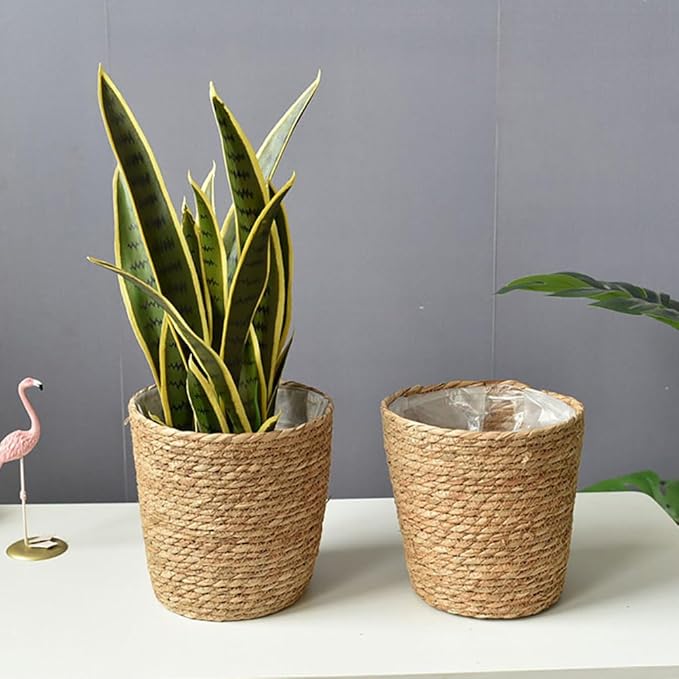 Vintage Decor Seagrass Planter Hand Woven Straw Flower Pot Farmhouse Plant Basket with Plastic Liners Rustic Plant Containers Succulent Pot for Indoor Outdoor Room Decor Home Decor