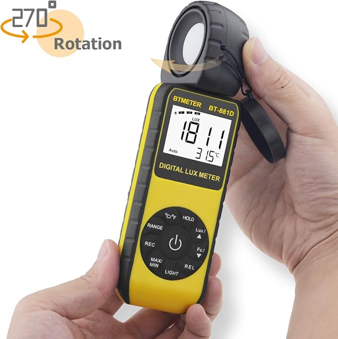 BTMETER BT-881D Digital Illuminance Light Meter, Measure Lights 0.01~400,000 Lux (0.01~40,000 FC) Foot Candles Luxmeter with 270º Rotated Sensor for Plants LED Lights Indoor Outdoor Light Tester