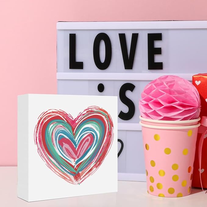 Valentines Day Decorations, Valentines Day Gifts for Her Him, Gift for Boyfriend Girlfriend, Vintage Romantic Pink Heart Brushstroke Anniversary Wooden Box Sign Husband Wife Home Office Desk Decor
