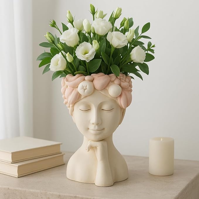 Resin Planter Pots – Decorative Planters for Plants, Indoor Living Room or Covered Patio Placement, Art Face Design Flower Pots for Sculptural Floral Home Decor – 18", White/Pink