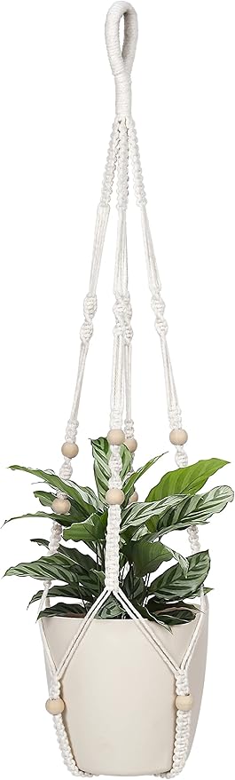 BlueMake 32inch Macrame Plant Holder,Indoor Hanging Planters with Wood Beads No Tassels Boho Home Decor (Ivory)
