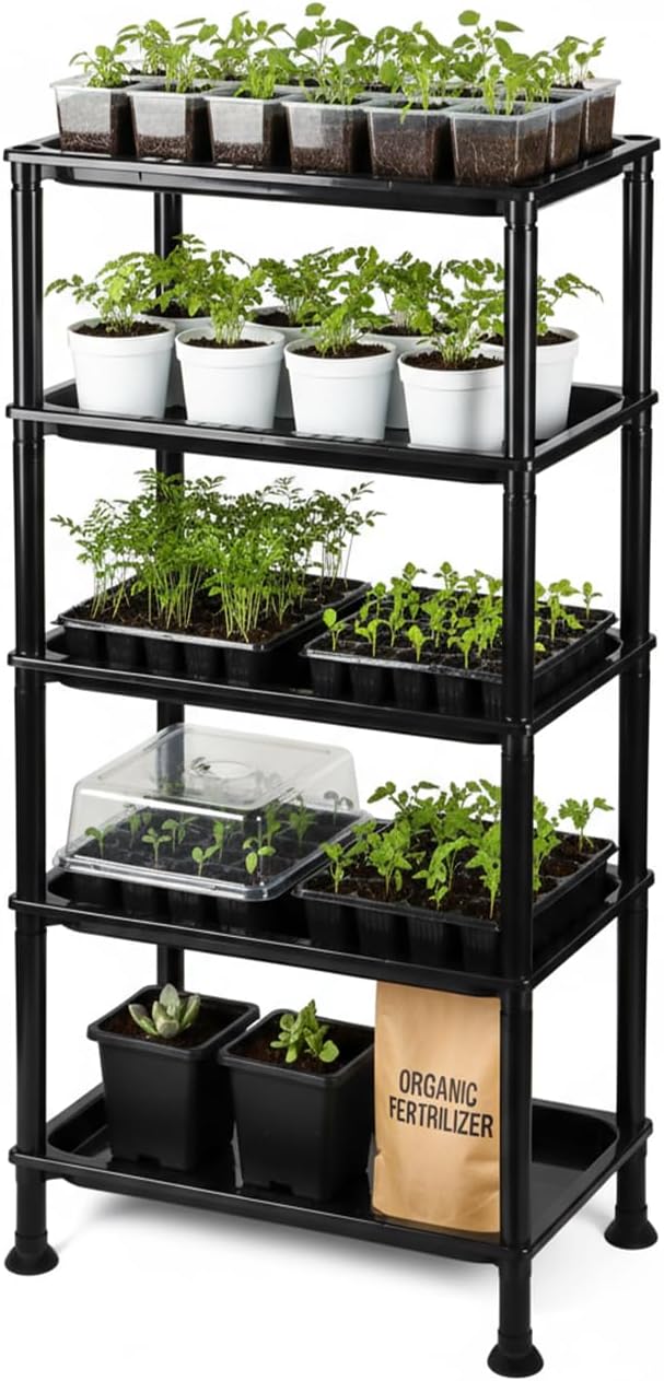 5-Tier Seed Starter Trays Plant Stand, with Bottom-Watering Design– Reinforced Thickened Shelf for Small Pots, Balcony/Indoor Seed Starting & Greenhouse, Black