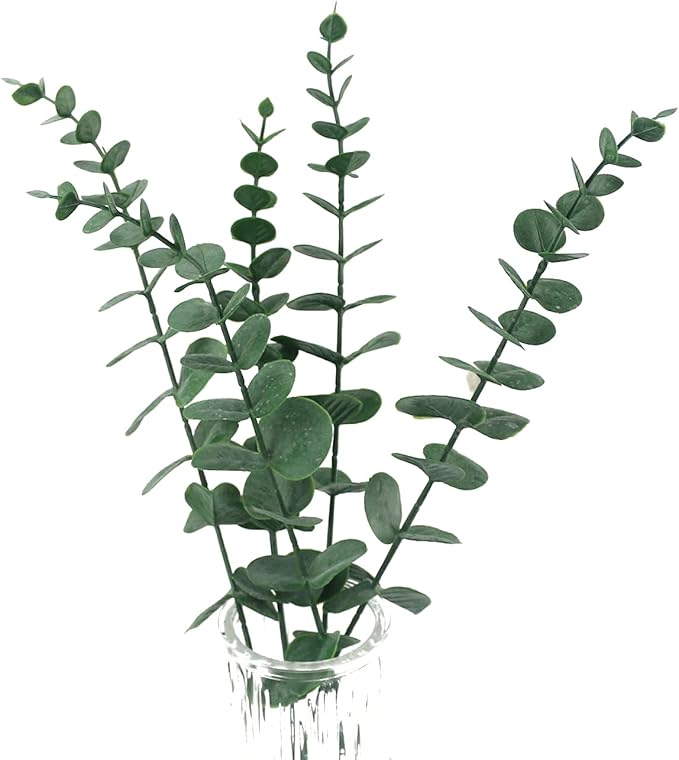 Tinsow 5 Pcs Real Touch Leaf Artificial Eucalyptus Stem Faux Eucalyptuses Wedding Bouquet Centerpiece Home Decor (Green)