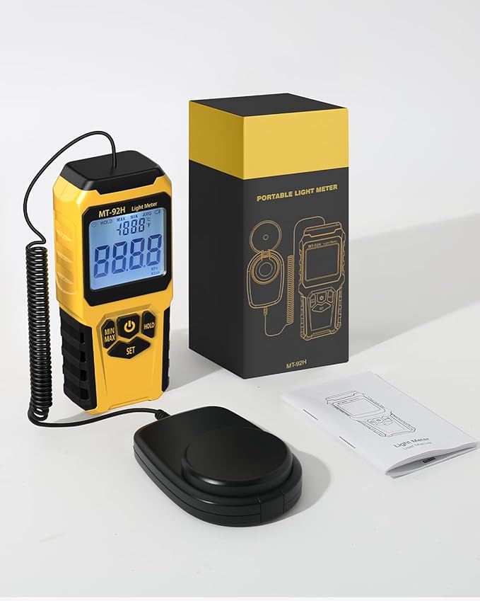URCERI MT-92H Light Meter with Split Sensor Lux/Foot Candles Meter 500ms Refresh Rates Range up to 200,000 Lux Switchable Backlight Temperature Measurer 14℉-140℉