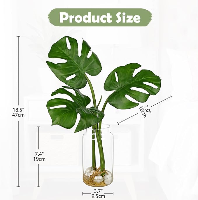 Oairse Artificial Monstera Leaves Plant in Glass Vase with Faux Water & Pebble - 16.5" Fake Tropical Plants Turtle-Back Plant Leaves Monstera Stem Greenery for Home Indoor Centerpiece Farmhouse Decor