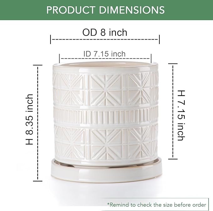 POITONRU Ceramic Plant Pots Indoor-Outdoor: 8 Inch Embossed Planters with Drainage Hole & Saucer - Modern Decorative Flower Pots for Home Garden Patio Office Decor