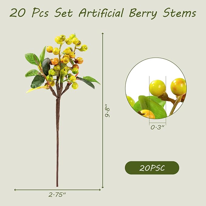 SHACOS Artificial Orange Fall Berry Stems 20 PCS Fake Berries Branches Spray with Green Leaves 9.8 inch Small Berry Picks for Thanksgiving Christmas Floral Crafts Home Decor, Orange Yellow