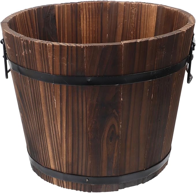 Vaguelly Rustic Wooden Barrels Planters Whiskey Barrels Bucket with Handle, Flower Planter Plant Pots Container Water Wishing Well Pail Garden Backyard Outdoor Indoor Decor