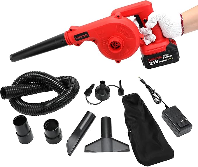 Mini Leaf Blower Red,2-in-1 Cordless Small Blower with 4.0Ah Battery and Charger,21v Blower for Inflating,Blowing Leaf,Clearing Dust & Small Trash,Car by SHINTYOOL