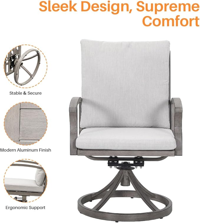 Swivel Patio Dining Chairs Set of 2, Aluminum Outdoor Swivel Rocking Dining Chairs with Cushions, Outdoor Dining Set Patio Furniture Set for Backyard, Deck, Garden, Pool, Limed Oak