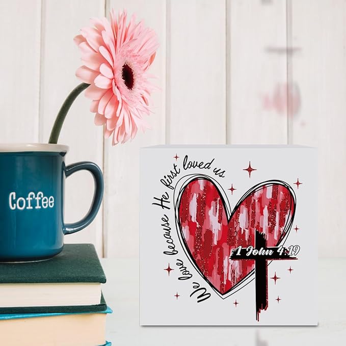 Valentines Day Decorations, Valentines Day Gifts for Her Him, Gift for Boyfriend Girlfriend, Heart Cross Jesus Bible Verse Anniversary Christian Wooden Box Sign Wife Home Office Bedroom Desk Decor