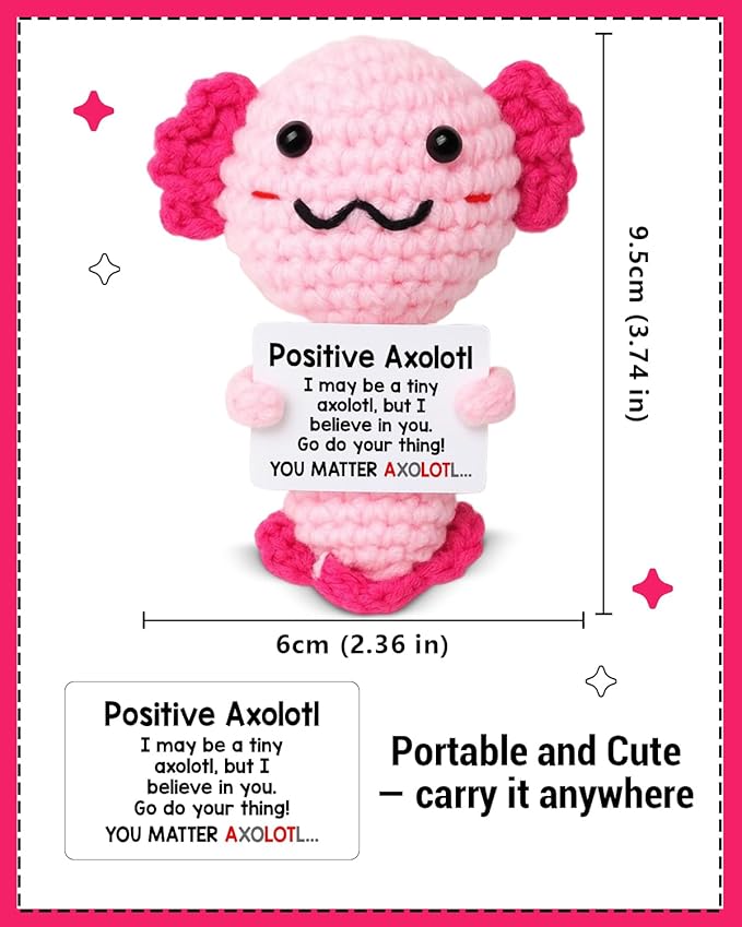 WEZADUK Positive Crochet Axolotl Gifts for Her Women, Mini Handmade Emotional Support Axolotl Plush with Encouraging Card, Motivational Christmas Birthday Gifts