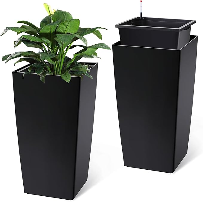 Set of 2 Tall Planters for Outdoor Plants, 30" Large Planter Pots with Drainage Holes & Water Level Monitor, Self-Watering Flower Pots for Patio, Porch, Garden, Front Door Decor, Indoor Outdoor