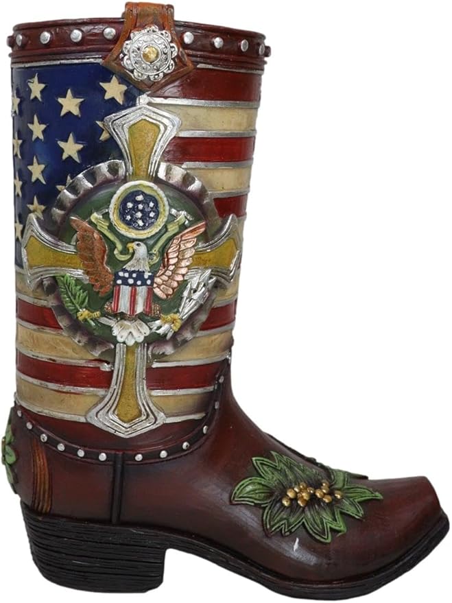 Ebros Gift Rustic Western Country USA American Flag Military Cross Olive Branch Cowboy Boot Decorative Flower Bouquet Vase Or Planter Figurine 9" High Southwestern Centerpiece