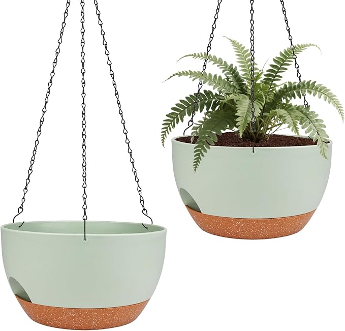 Lucieblessdesign Hanging Planters for Outdoor Indoor Plants, 2 Pack 10 Inch Hanging Basket Plants Outdoor, Self Watering Hanging Planter with Plant Hanger for Garden Home Decoration (Green, 10 inch)