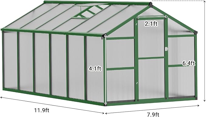 8X12FT Outdoor Greenhouse, Aluminum Polycarbonate House, Green Houses for Outside with Sliding Doors, Ajustable Roof Vent, Withstands Bad Weather for Garden, or Backyard, Green