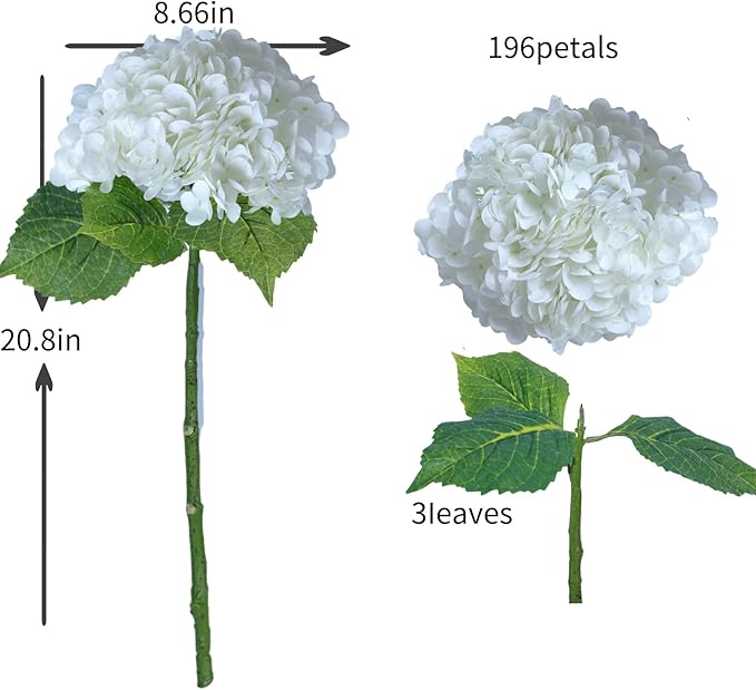 White Hydrangea Artificial Flowers - High-End 22.5cm Oversized Heads (4pcs) | Real-Touch Design | Perfect for Christmas, Weddings, Home Decor, Parties & Outdoor Use（White）