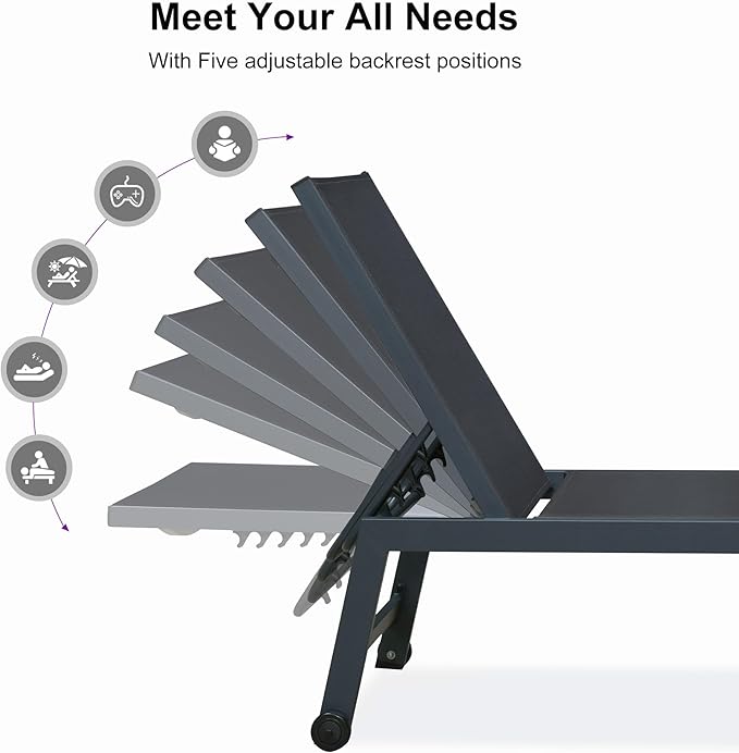 PURPLE LEAF Patio Chaise Lounge Set for 2 Outdoor Chaise Lounge Chair with Aluminum Frame and Wheels Pool Lounge Chairs for Deck Yard Poolside Table Included, Dark Grey