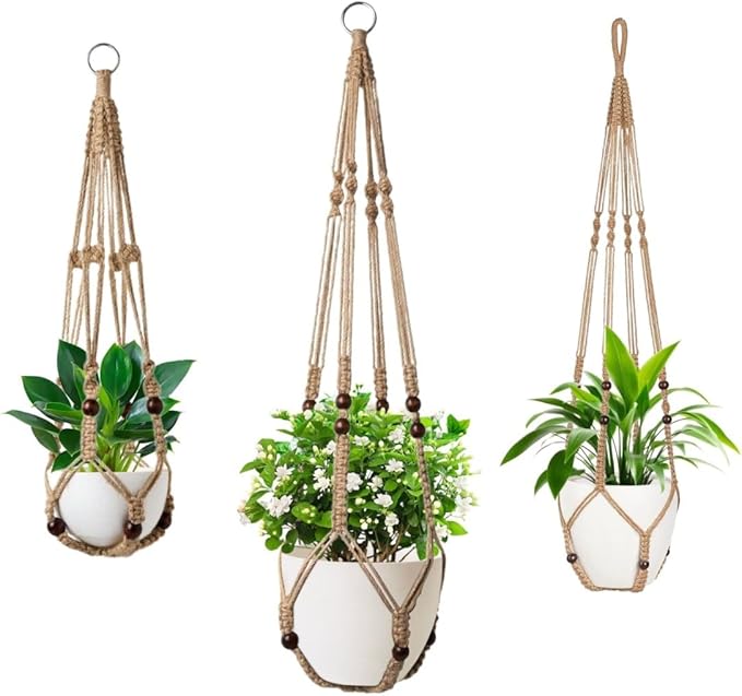 MDKFKDK 3 Pack Macrame Plant Hanger,Hanging Plant Holder, Boho Home Decor Hanging Basket with Wood Beads,Hanging Planters for Indoor Plants,Plant Hanger Indoor 35"/29"/23" Brown (POTS NOT Included)