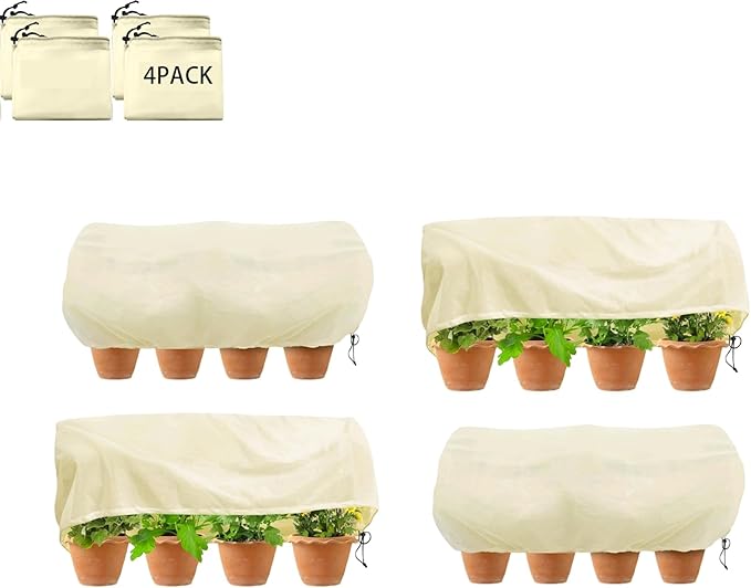 BATULU Plant Frost Cover for Garden Protection, Rectangular Planter Winter Blanket with Drawstring, 59 x 17.7 x 15.7 Inch, 4 Pack