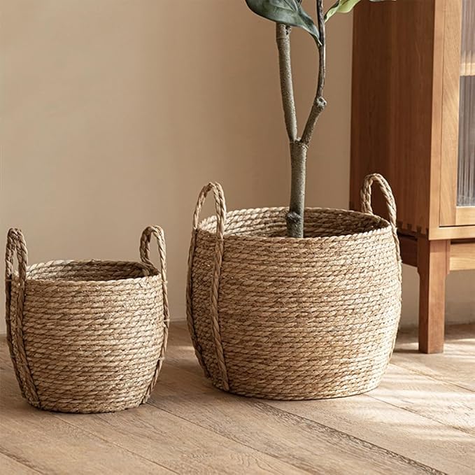 Wicker Planter Basket, Rattan Grass Woven Flower Basket, Decorative Round Wicker Woven Rope Storage Blanket Basket with Woven Handles,Planter Pot for Living Room,Floor Standing Storage (Medium)
