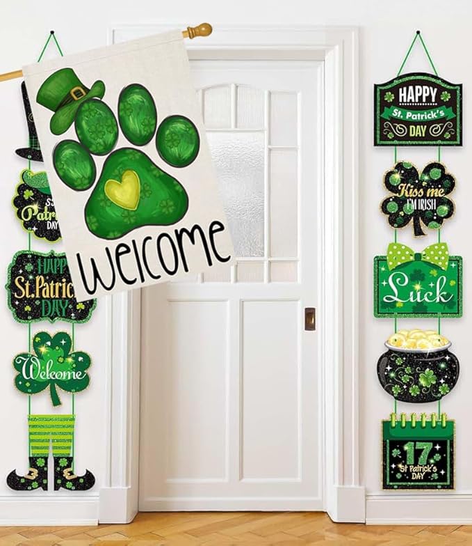 Welcome St Patricks Day House Flags for Outdoor Decoration, Dog Paw with Green Hat Lucky Shamrocks Large Yard Flag, Decorative Irish Celebration Decor for Seasonal Farmhouse Holiday Outside