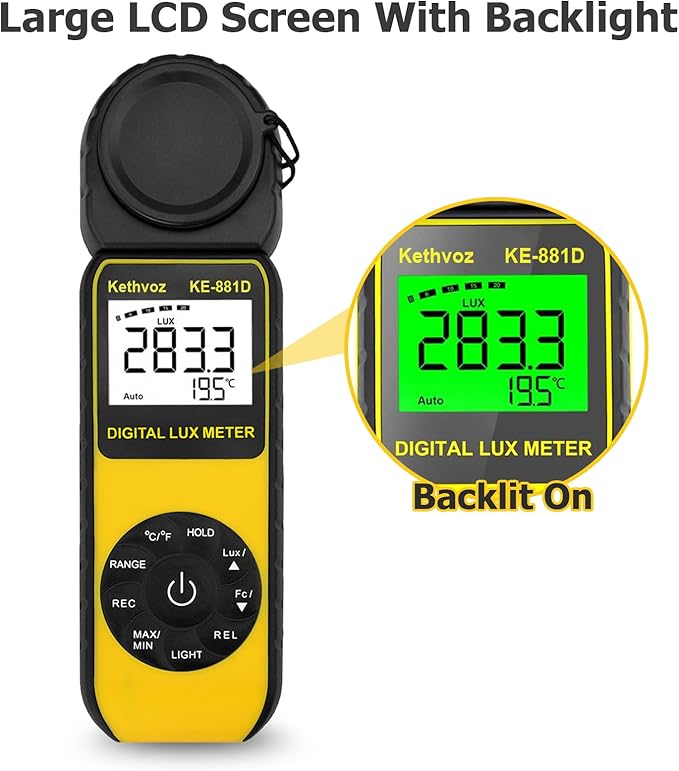 Kethvoz KE-881D Digital Illuminance - 0.1~400,000 Lux Range Light Meter, Foot Candle Tester for Photography, LED Grow Lights, Aquarium, Indoor Lighting Measurement