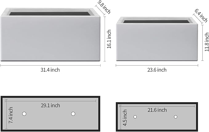 Kante 31.4" and 23.6" L Rectangular Concrete Planters (Set of 2), Outdoor Indoor Modern Plant Pot with Drainage Hole and Rubber Plug for Garden, Patio, Pure White Finish