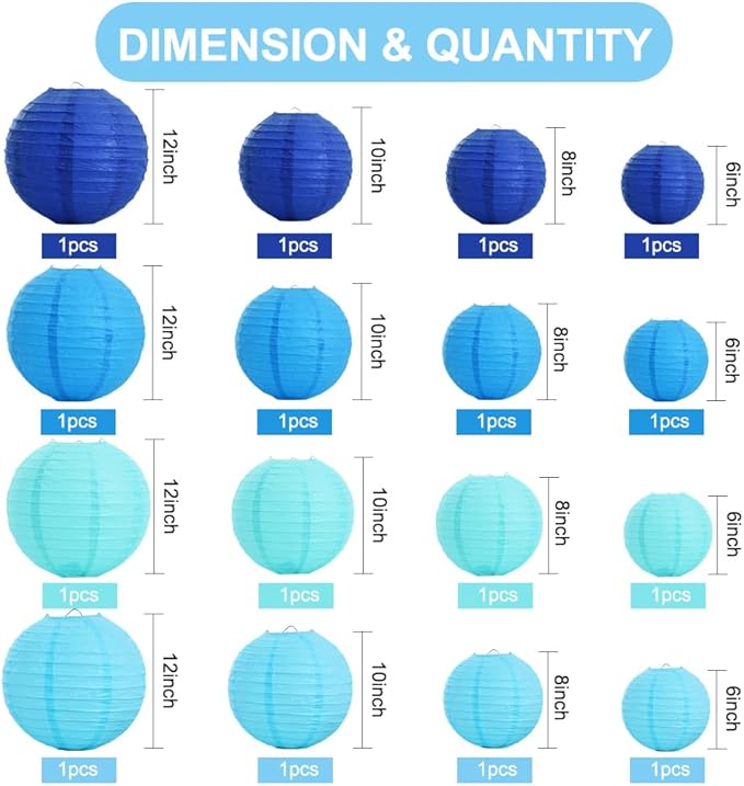 BEISHIDA 16 Pcs Blue White Round Paper Lanterns Decorative Hanging Asia Chinese Japanese Paper Lanterns Lamp for Birthday Wedding Baby Bridal Shower Home Decor Party Decoration