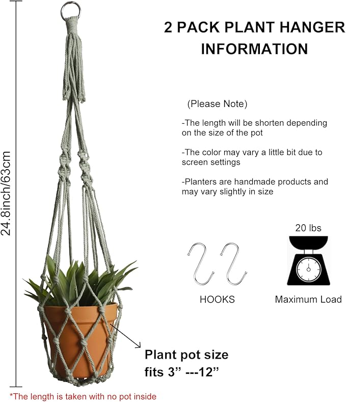 Artilady Macrame Hanging Planter for Indoor Plants, Boho Woven Plant Hanger Large Hanging Flower Pot Holders Outdoor Baskets Storage No Tassels Sage Green Wall Decor (Sage Green)