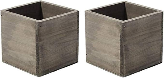 4" Square Rustic Wood Planters with Plastic Liner - Set of 2