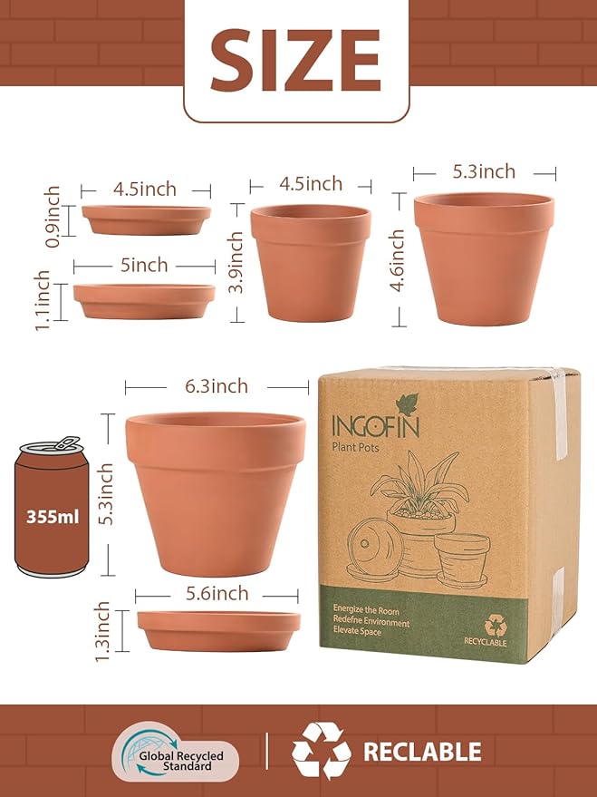 INGOFIN Terracotta Pots Set with Saucer - 5/6/7 inch Ceramic Clay Planters with Drainage Hole, Garden Flower Succulent Pots with Tray for Indoor Outdoor Plants, Set of 3