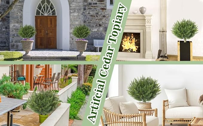15.7" Christmas Fake Shrubs, Artificial Cedar Ball Tree Plant, 2 Packs of Fake Cedar Outdoor shrubs with Ground Spike, UV Resistant Fake shrubs, Used for Indoor and Outdoor Front Porch Gardens