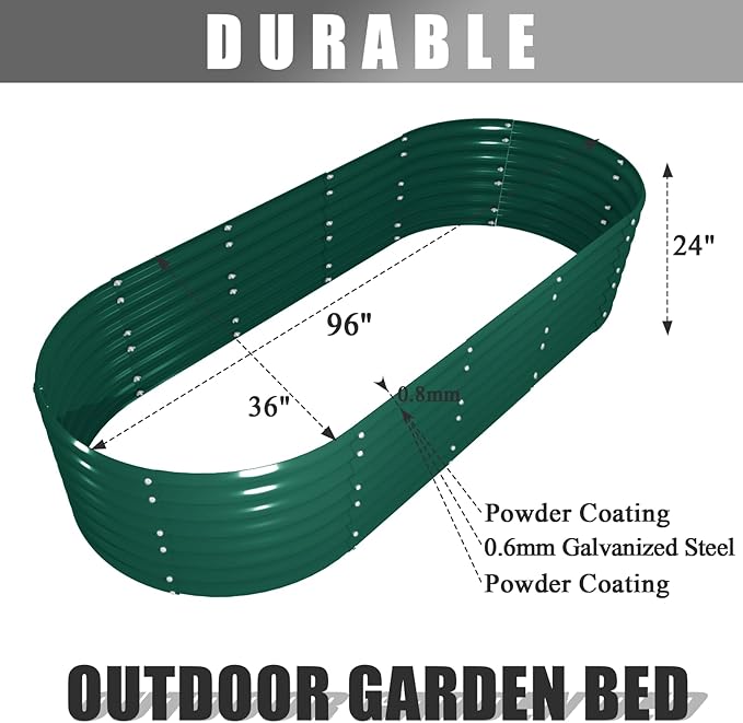1 Pack 8x3x2FT Galvanized Raised Garden Bed Kit Oval Metal Ground Planter Box Outdoor Bottomless Planter Raised Beds for Vegetables Flowers Herbs Fruits, Green