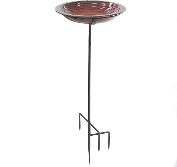 BYER OF MAINE Circles Post Bird Bath, Outdoor Garden and Patio Decor, Porcelain, Glaze Finish, Steel Mounting Post, Outside Bird Pond Fountain, 14"x14"x30", Rustic Red