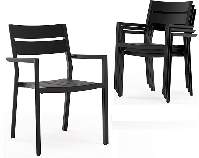 Pellebant Aluminum Stackable Patio Dining Chairs Set of 4, Black Outdoor Dining Chair with Armrest, All Weather for Patio, Lawn, Garden