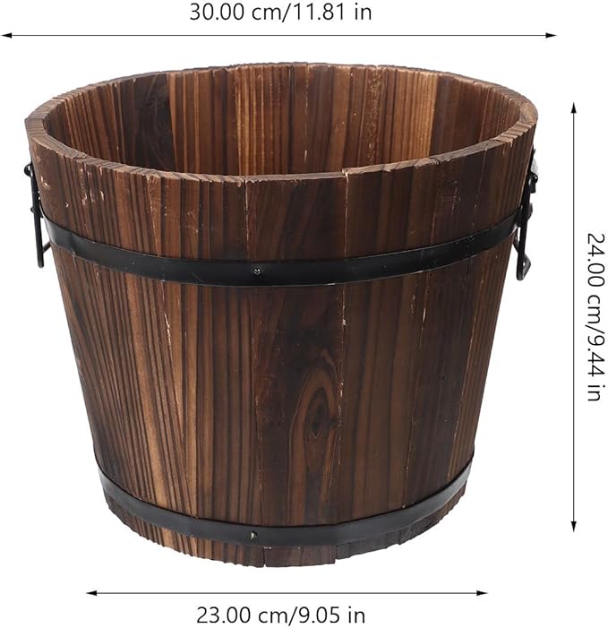 Vaguelly Rustic Wooden Barrels Planters Whiskey Barrels Bucket with Handle, Flower Planter Plant Pots Container Water Wishing Well Pail Garden Backyard Outdoor Indoor Decor