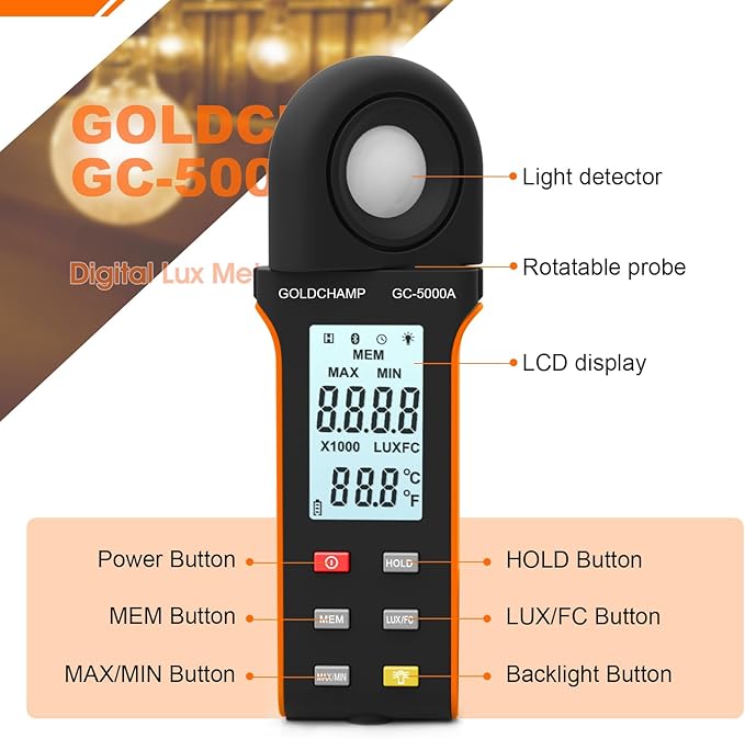Digital Light Meter, Handheld Lux/Foot Candle Meter Range up to 400,000 Lux, 270º Rotated Sensor, Data Retention, Temp (℃/℉) with Data Logging for Plants LED Lights, Aquarium, Schools, Offices
