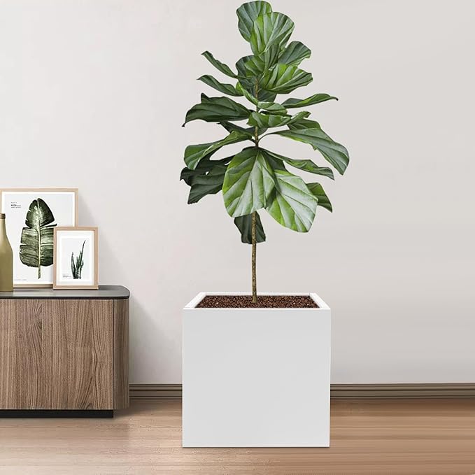 16~32inch Steel Planter Square Outdoor Planters Box Indoor Metal Large Planters Cube, Heavy Duty Flower Pot Modern for Commercial Residential Home Garden Porch Hotel Patio (White, 24×24×24in)