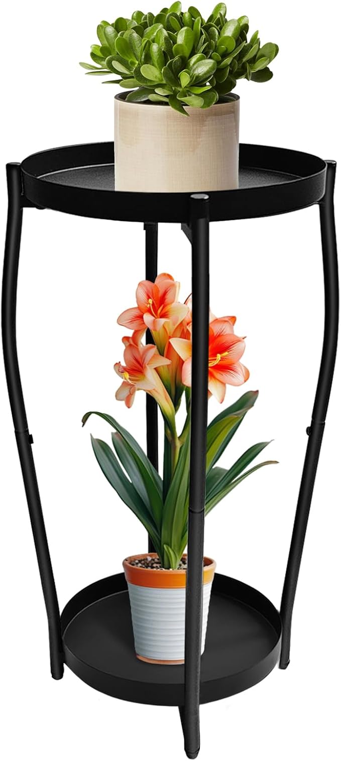 Uniqcovosa Plant Stand Indoor, 2 Tier Tall Plant Stands, 4-Leg Metal Flower Stand, Heavy Duty Plant Shelf Plant Rack Flower Stands for Living Room, Black