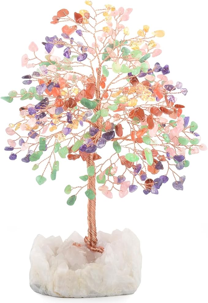 MASGEMES Chakra Crystal Tree of Life Natural Gemstone Healing Crysals(406 Stone Count) with Clear Quartz Base,Fengshui Decor Money Tree,Positive Energy Lucky Gift Height 8.5-9 Inches