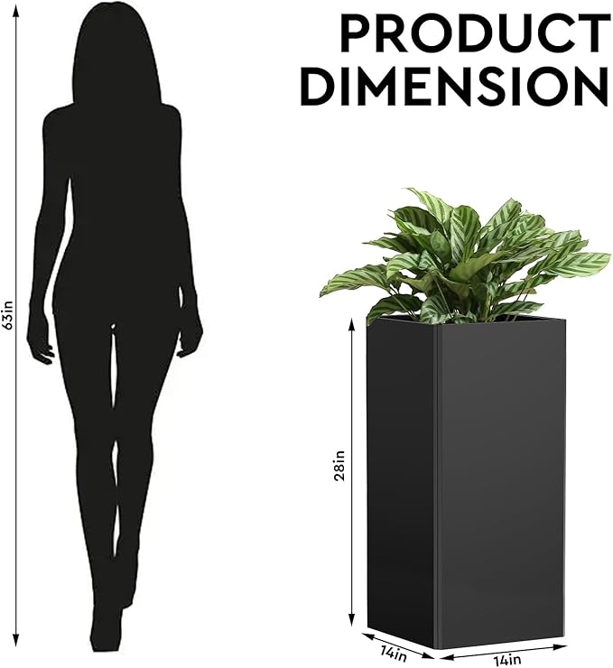 Gabviem Tall Black Planter 28" Metal Square Large Plant Pots for Indoor Outdoor-Modern Tall Flower Pots for Porch, Patio, Deck, Commercial & Residential(14" Lx14 Wx 28" H)