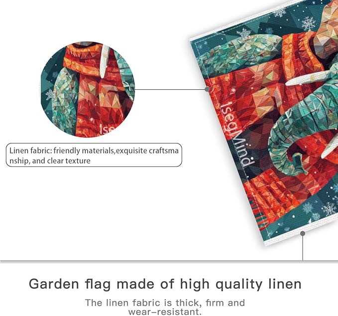 Elephant with Red Scarf and Hat Snowflake Christmas Garden Flag, 28x40 Inch Double Sided Linen Holiday Red Winter Farmhouse Yard Outdoor Decoration (4325)