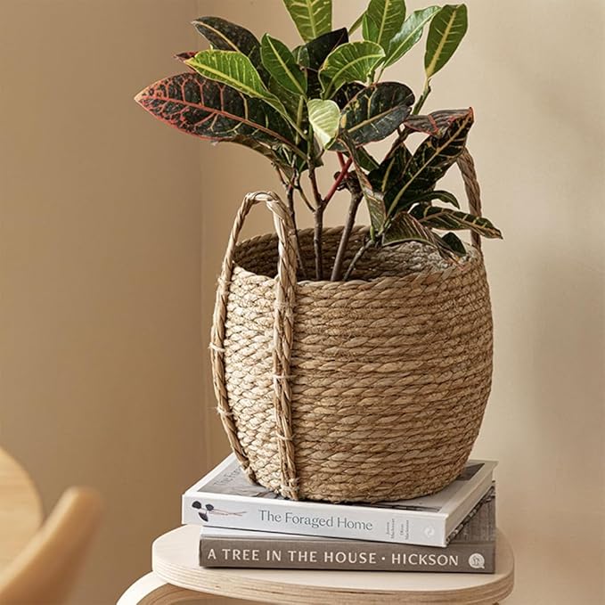 Wicker Planter Basket, Rattan Grass Woven Flower Basket, Decorative Round Wicker Woven Rope Storage Blanket Basket with Woven Handles,Planter Pot for Living Room,Floor Standing Storage (Small)